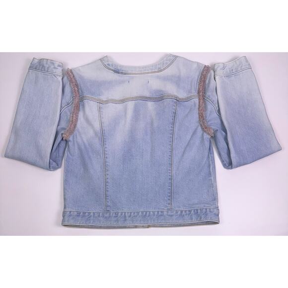 7 For All Mankind Light Wash Blue Denim Jacket Pink Fringe Detail Women’s Size S - Picture 5 of 12